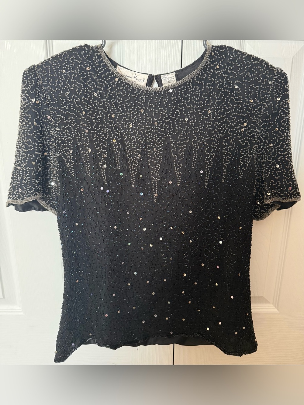 Vintage Laurence Kazar Black Beaded Sequin Seed Bead Short Sleeve Top